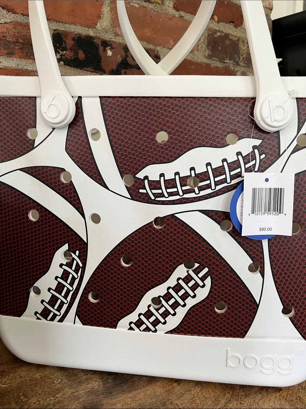 BOGG football Tote - Brown Football Print with White Trim - Picture 2 of 13